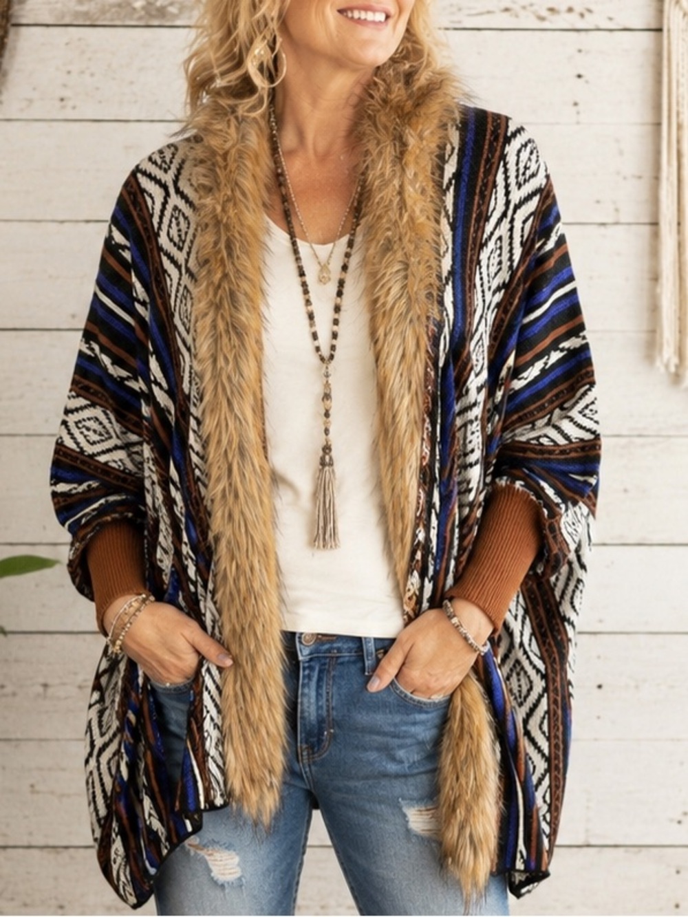 Blush Couture Faux Fur Trim Kimono Cardigan Aztec Boho Open Front Medium